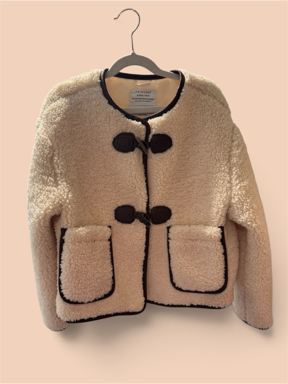 Primark Cream Teddy Jacket with Dark Brown Trim and Toggle Fastenings